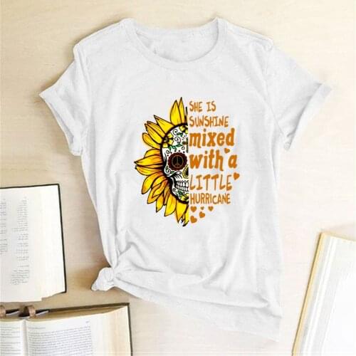 Sunflower Skull She Is Sunshine Printed T-shirts Women Summer Graphic T Shirts Aesthetic Tops for Women Harajuku Camisetas Mujer