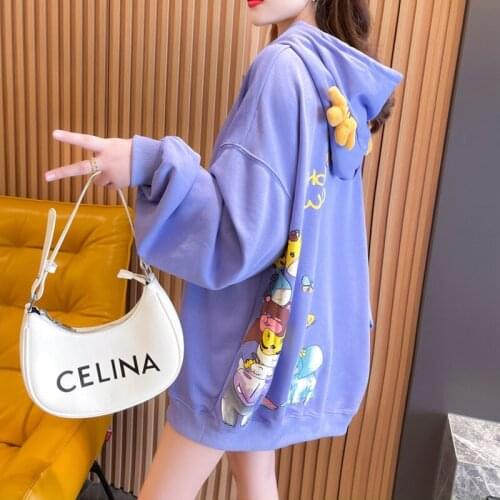 Cotton Womens Spring Autumn Hoodies Thin Long Sleeve Catoon Print Cute Hooded Sweatshirt Korean Loose Design Tops Kawaii Hoodie