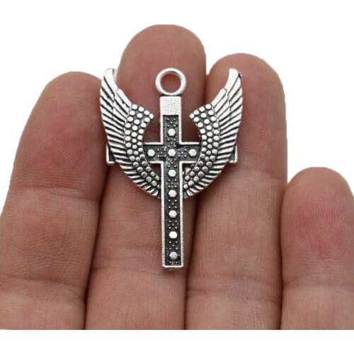 JAKONGO Antique Silver Plated Cross Wings Charms Pendants for Jewelry Making Bracelet DIY Accessories 40x28mm 5pcs
