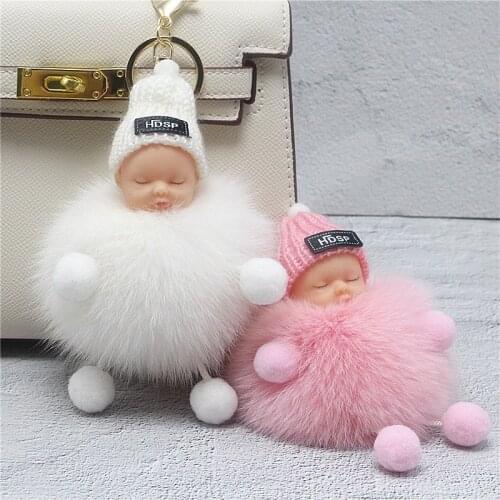 Cute Silicone Cute Sleeping Doll Key Chain Plush Knit Hat Fur Imitation Rabbit Fur Ball Key Ring Mobile Phone Car Pendant