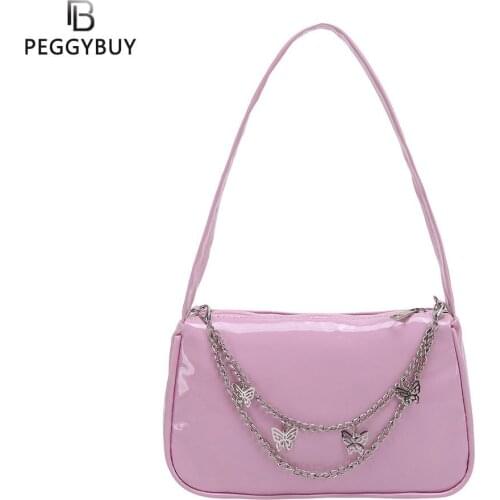 Fashion Women PU Leather Small Shoulder Underarm Bag Female Vintage Butterfly Chain Pure Color Zipper Mini Purse Shopper Handbag
