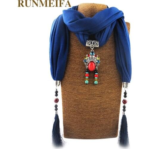 RUNMEIFA Fashionable Necklace Round Pendant Scarf Solid Color With Large Tassel Shawls National Scarves For Women