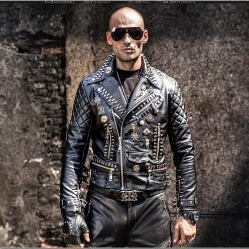 Homme Veste Cuir Men Leather Jacket Rivets Punk Rock Stage Costume Street Slim Fit Overcoat Locomotive Jackets Leather Coats