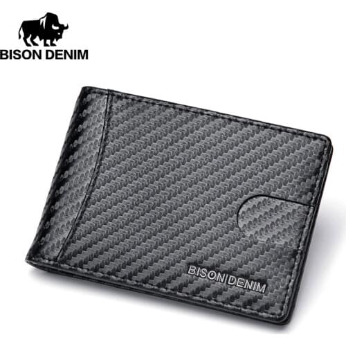 BISON DENIM New RFID Blocking Slim Carbon Fiber Men Wallet Money Clip Bifold High Quality Male Purse W9671-3B