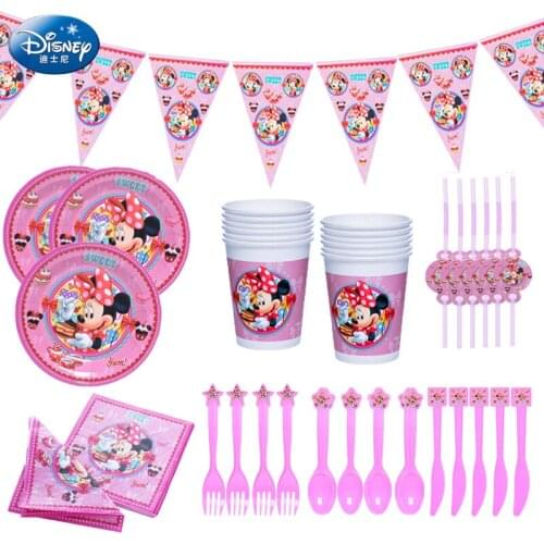 Disney 93pcs for 12 Kids Party Birthday Minnie Mouse Decorations Baby Shower Kids Girl Disposable tableware Set Party Favors