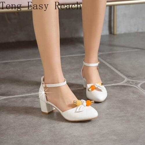 New Butterfly-knot Pumps Women Chunky Heels Pointed Toe Sweet Party Woman Pink Plus Size34-43 Wedding Shoes Ladies 2021