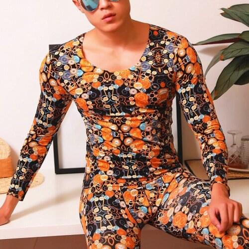 New mens thermal underwear cotton long john set men autumn winter sexy printed thermo clothes o neck shirt bulge pants sleepwear