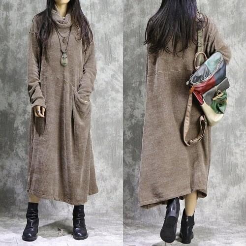 ZANZEA 2021 Turtleneck Corduroy Dress Elegant Womens Autumn Sundress Long Sleeve Midi Vestidos Female Pockets Robe