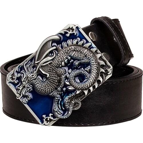 Fashion mens belt flying dragon pattern leather belt brand style metal buckle strap Golden evil Dragon head lion strap men gift