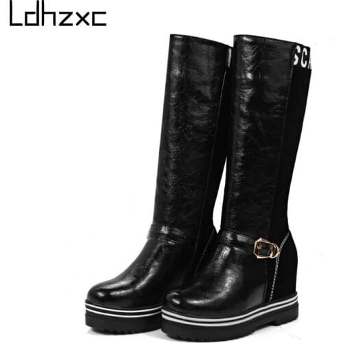 LDHZXC Size 43 Knee High Boots Women Autumn Pu Leather Fashion Wedges Platform High Heel Woman Shoes Winter Hot Sale