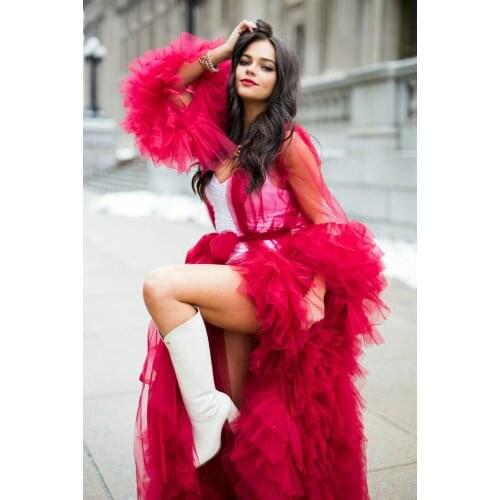 Chic Illusion Photoshoot Robe Shawel Ruffles Tulle Long Sleeves Women Sexy Kimono Pregnant Party Bathrobe Sheer Maternity Shoot