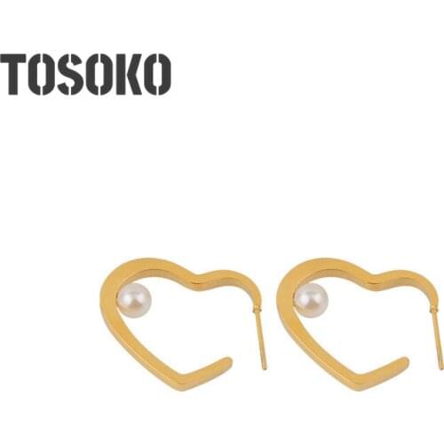 TOSOKO Stainless Steel Stainless Steel Peach Heart Pearl Earrings Womens Elegant Jewelry BSF246