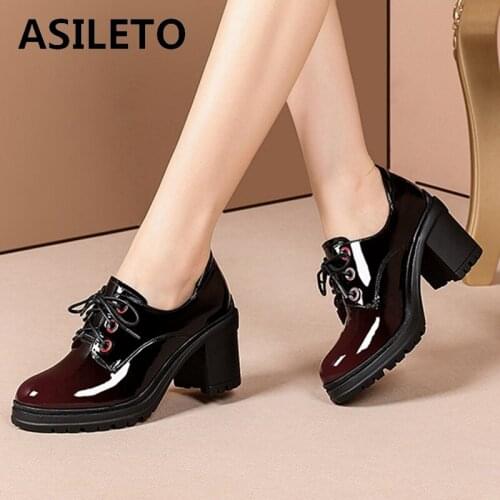 ASILETO New 2021 Ladies Pumps Round Toe 7cm Block Heels Patent Leather Lace-Up Gradient Classic Size 40 Casual Summer B2336