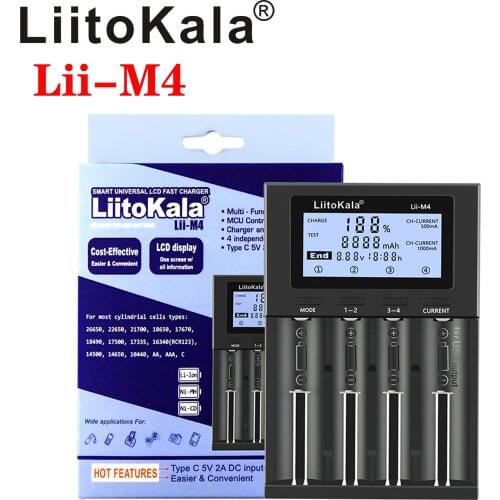 LiitoKala Lii-M4 LCD 3.7V/1.2V AA/AAA 18650/26650/16340/14500/10440/18500 Battery Charger with screen Detectable capacity 5V