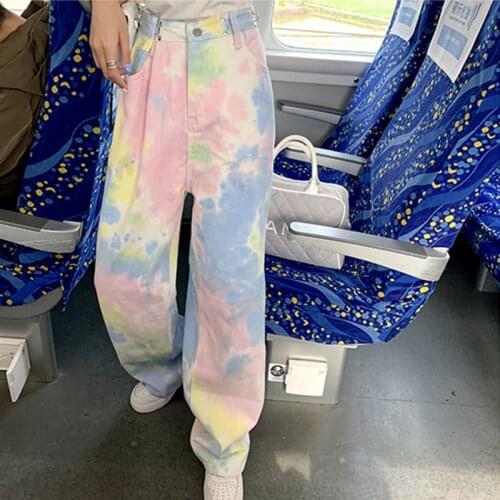 2021 New Womens Jeans Summer Tie Dye Harajuku High Waist Wide Leg Pants Fashion Baggy Femme Straight Pants Mom Denim Trouser