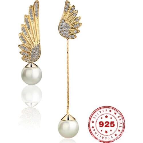 2020 Hot 14k Gold Pearl Earring For Women Angel Wings Asymmetric S925 jewelry Zircon Diamond Drop Earrings Fine Jewelry