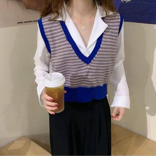 Knit Sweater Vest Women 2020 Autumn Korean Style Vintage Stripe Color Block V Neck Sleeveless Pullover Short Waistcoat T551