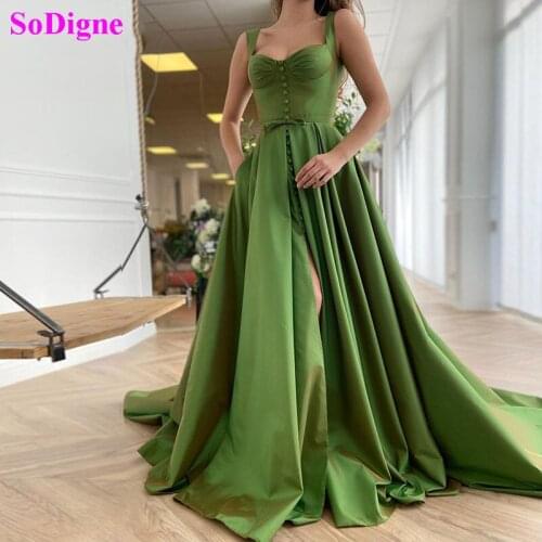 SoDigne Green Prom Dress A-Line Sweetheart Backless Split Long Formal Party Gown Satin Spaghetti Strap Evening Dress