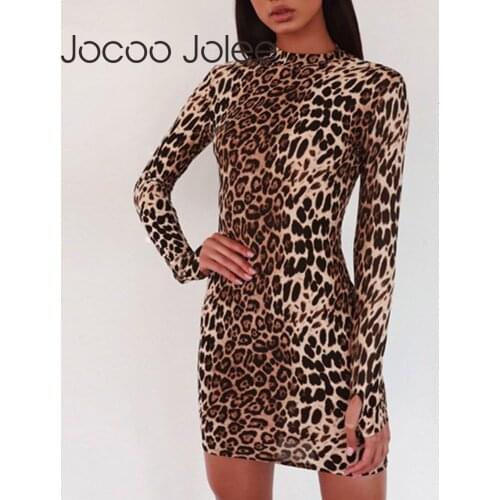 Jocoo Jolee Women Fashion Leopard Print Bodycon Dress Autumn Winter Sexy Long Sleeve Tight Mini Dress Casual Club Bandage Dress