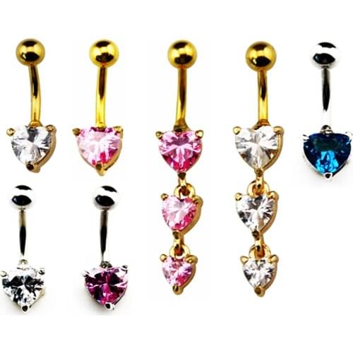 1Pcs Surgical Steel Prong set Zircon Heart Navel Belly Button Rings Dangling Navel Bar 14G Body Jewelry