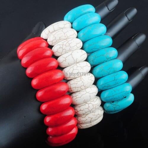 RONGZUAN Natural Stone Bangles Red White Blue colors Turquoises Stone 10x25mm Beads Stretch Bracelets 7 inches Jewelry TBK302