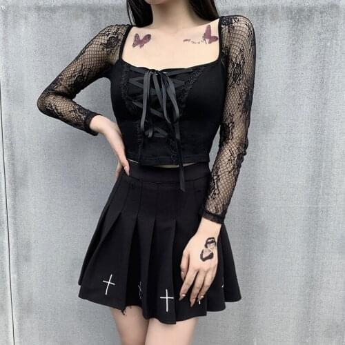 Black Women Lace Goth T Shirt 2021 Autumn Lady Basic Eyelet Lace-up Bust Square Collar Top Lace Patchwork Short-length T-shirt