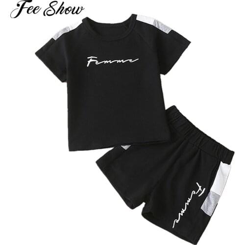 Toddler Kids Boys Girls Clothes Set Summer Casual Solid Splice Short Sleeve T-shirt Tops + Shorts 2PCS Outfits Sportwear