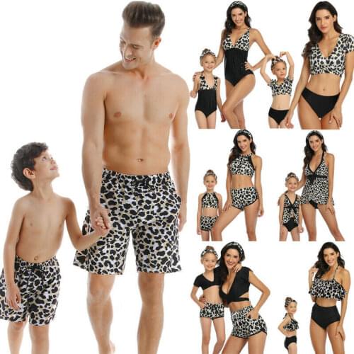 Imcute 2020 Family Matching Leopard Swimwear Mens Womens Boys Girls Kids Beachwear Swimsuit