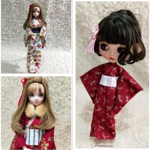 1 Set=2PCS New Clothes Fashion Japanese Kimono with Waistband for Blyth Licca Ob24 1/6 Dolls Accessories
