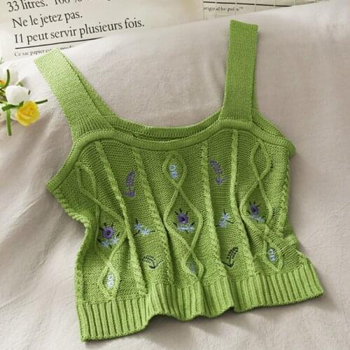 Korean Women Summer Sleeveless Knitted Crop Tank Top Sweet Floral Embroidered Camis Vest Vintage Solid Color Sweater