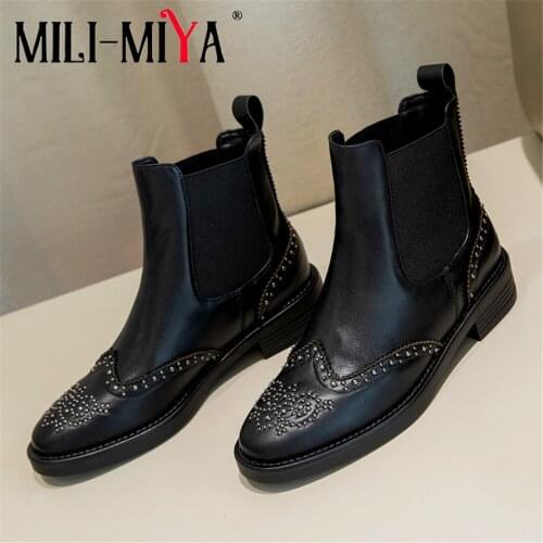 MILI-MIYA Fashion Women Genuine Leather Carved Rivets Ankle Boots Low Heels Ladies Chelsea Booties Spring Autumn Shoes Black