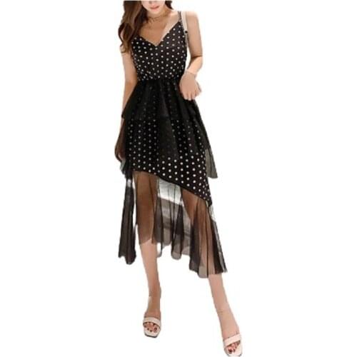 PERHAPS U Sweet Chiffon Mesh Dot Print V-Neck Backless Spaghetti Strap Irregular A-Line Slim Mid Calf Pleated Cake Dress D3053