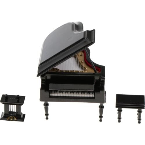Dollhouse 1/12 Scale Miniatures Musical Instrument Wooden Black Piano and Stool Set for Dollhouse Artist Offerings