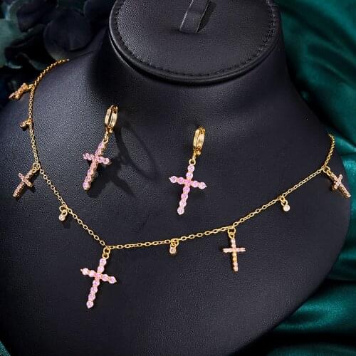 Missvikki Trendy Cute romantic cross pink stone Necklace Earrings Jewelry Set Women High Quality Crystal CZ Gorgeous Sparkly