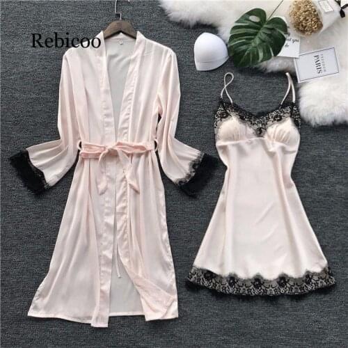 Fashion Women Faux Silk Robe Gown Set Hot Winter Sexy Lace Nightgowns Women Sleepwear Dress Woman Pajamas Bathrobe