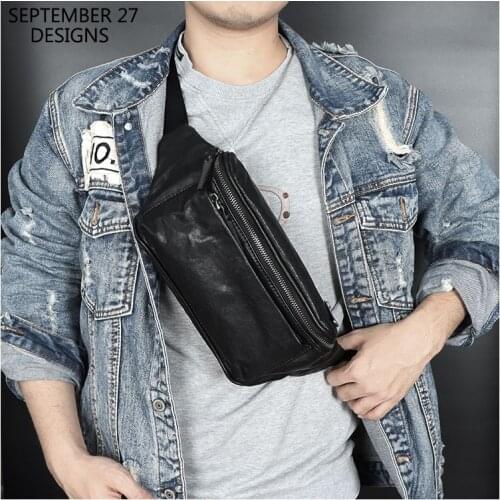 New Fashion Vintage Chest Bag Men Genuine Leather Luxury Handmade Male Small Messenger Pack Cowskin Simple Cell Phone Satchels