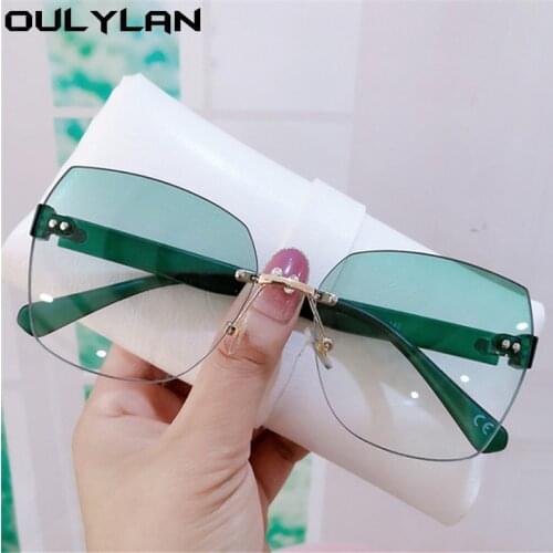 Oulylan Fashion Rimless Sunglasses Women Luxury Vintage Irregular Trimming Sun Glasses Lady Shades Gradient Eyewear Green UV400
