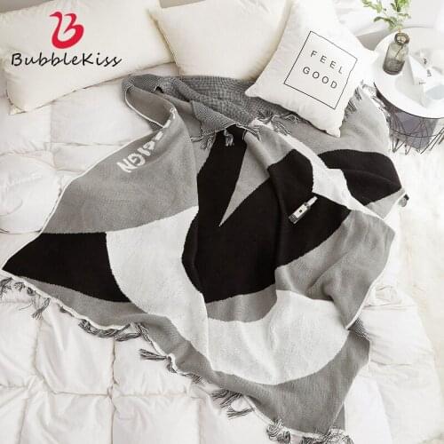 Bubble Kiss Throw Blanket Modern Geometric Pattern Color Matching Tassel Knit Blanket Sofa Office Lunch Break Cover Blanket