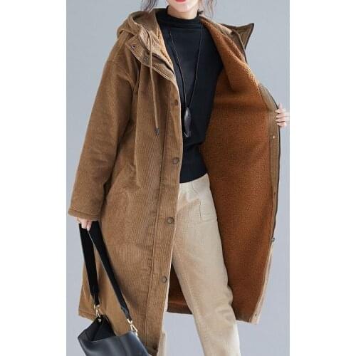 Autumn Winter Faux Fur Coats Parkas Casual Loose Corduroy Female Long Jackets Vintage Thick Lady Slim Hooded Outwears