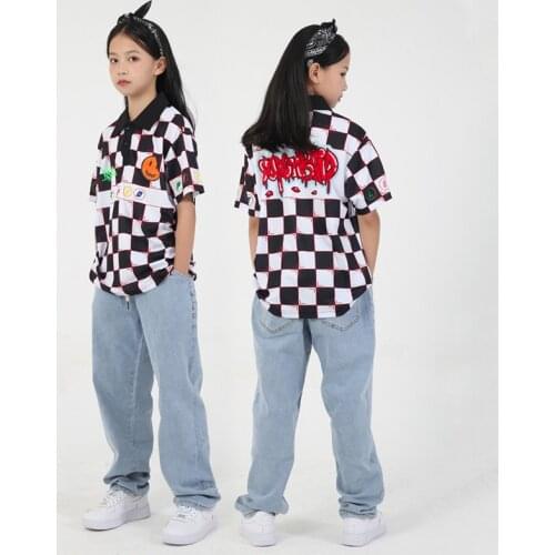 Plaid Street Dance Wear Kids Rave Clothing Causual Pants K-pop Outfit Black Hip Hop Clothes Short Sleeve Stage Costume DL7895
