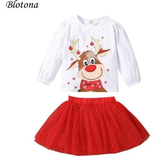 Blotona Baby Girls Christmas Clothes Set, XMAS Deer Print Long Sleeve O-neck Tops+Dot Print Short Tulle Skirt, 18Months-6Years