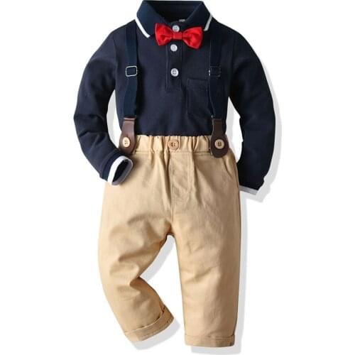 Tem doger 2020 new spring and winter boy clothing suits shirt with tie +jumpsuits 2 pcs gentleman suits casual clothes outfits