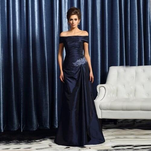 Navy Blue Mother Of The Bride Dresses A-line Off The Shoulder Taffeta Appliques Plus Size Long Groom Mother Dresses For Weddings