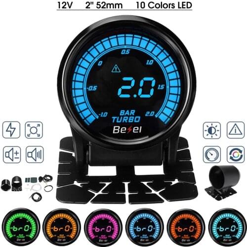 Universal Auto Turbo Boost Pressure Gauge -1~2 BAR 10 Color LED Readout Display 12V 2" 52mm Turbo Boost Meter with Bracket Cup