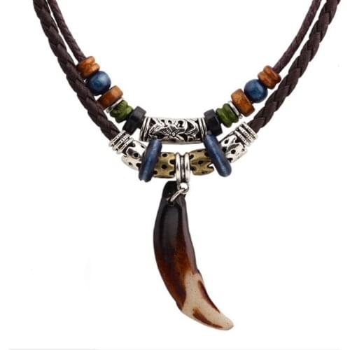 Vintage Ethnic Mens Necklace Wolf Tooth Pendant Beaded Leather Weaved Necklace Bohemian Boho Necklace Jewelry for Women Men