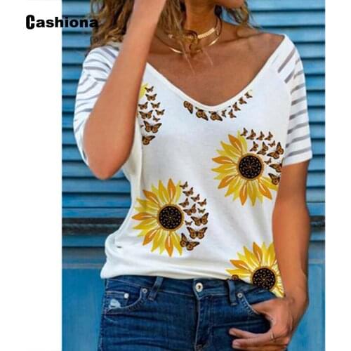 Cashiona Plus Size 5xl Women Classic T-shirt Boho Sunflower Print Tee Shirt Summer Casual Pullovers 2021 New Patchwork Femme Top