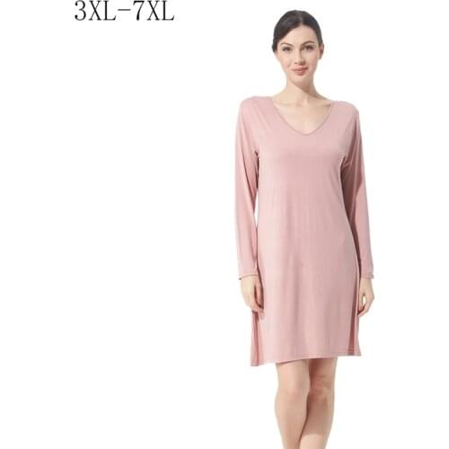 Women Spring Summer Long Sleeve Elastic Knee Length Cotton Sleep Lounge Nightgowns Sleepshirts Dress Plus Size 3XL- 7XL