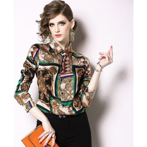 Women Summer Chain Printed Long Sleeve Single-Breasted Striped Shirt Office Turn-down Collar Blouse Elegant Work Loose Tops