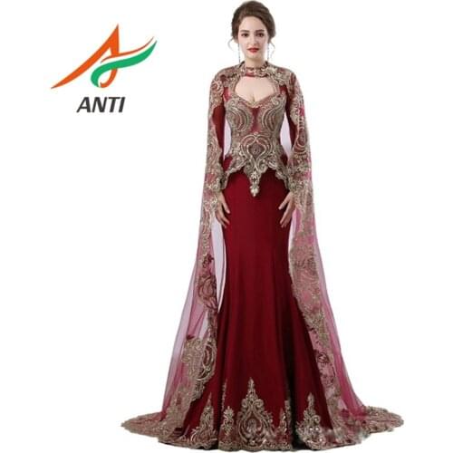 ANTI Saudi Arabic Burgundy Mermaid Evening Dress Applique Detachable Shawl Robe De Soiree Dubai Turkish Long Sleeve For Woman