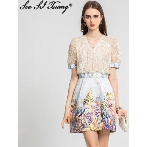 Seasixiang Fashion Designer Summer Dress Women V-Neck Short Sleeve Sequined Floral Print Mini Dresses